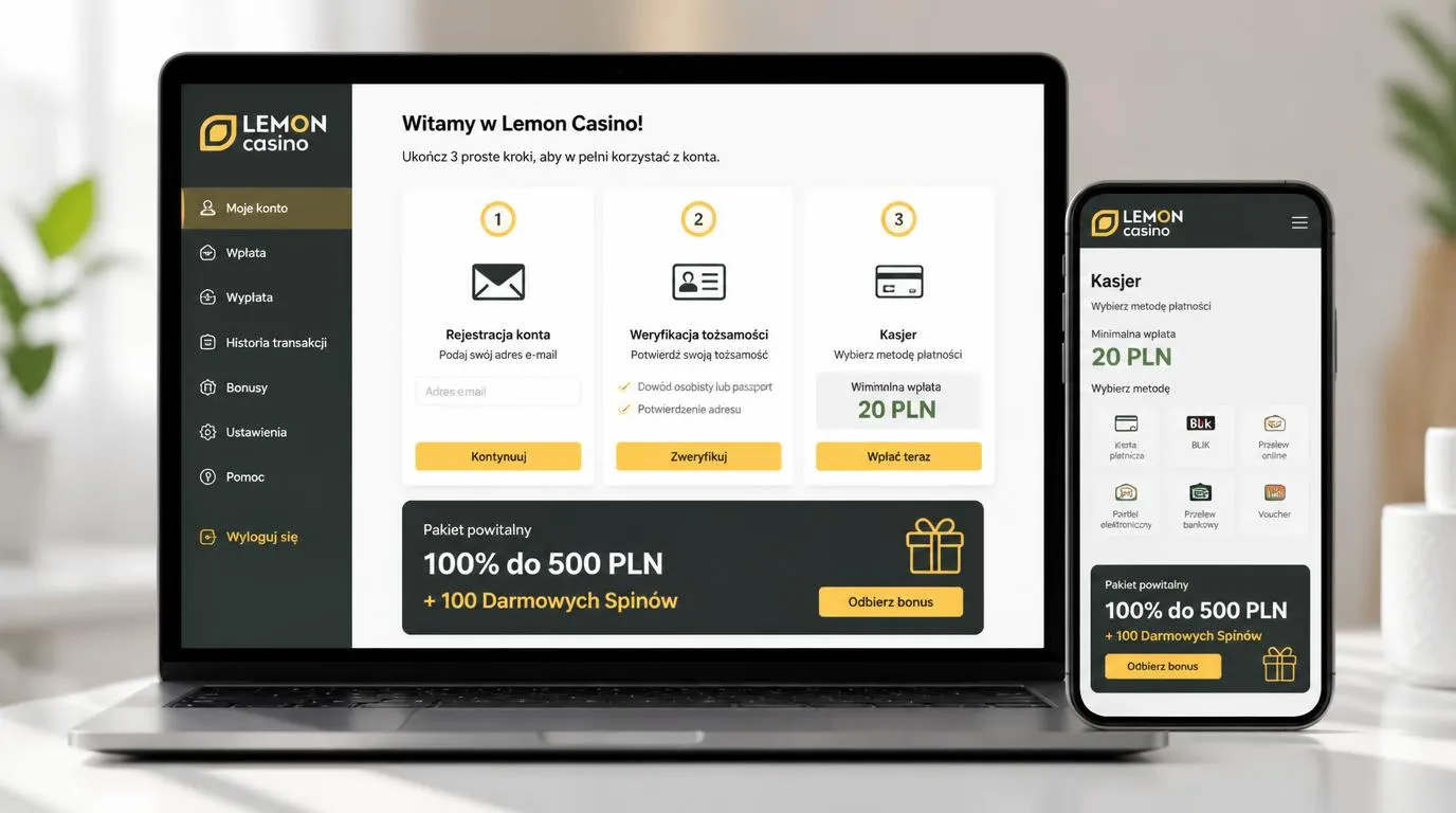Panel kasyna z krokami rejestracji, weryfikacji tożsamości i wpłaty przed aktywacją oferty powitalnej